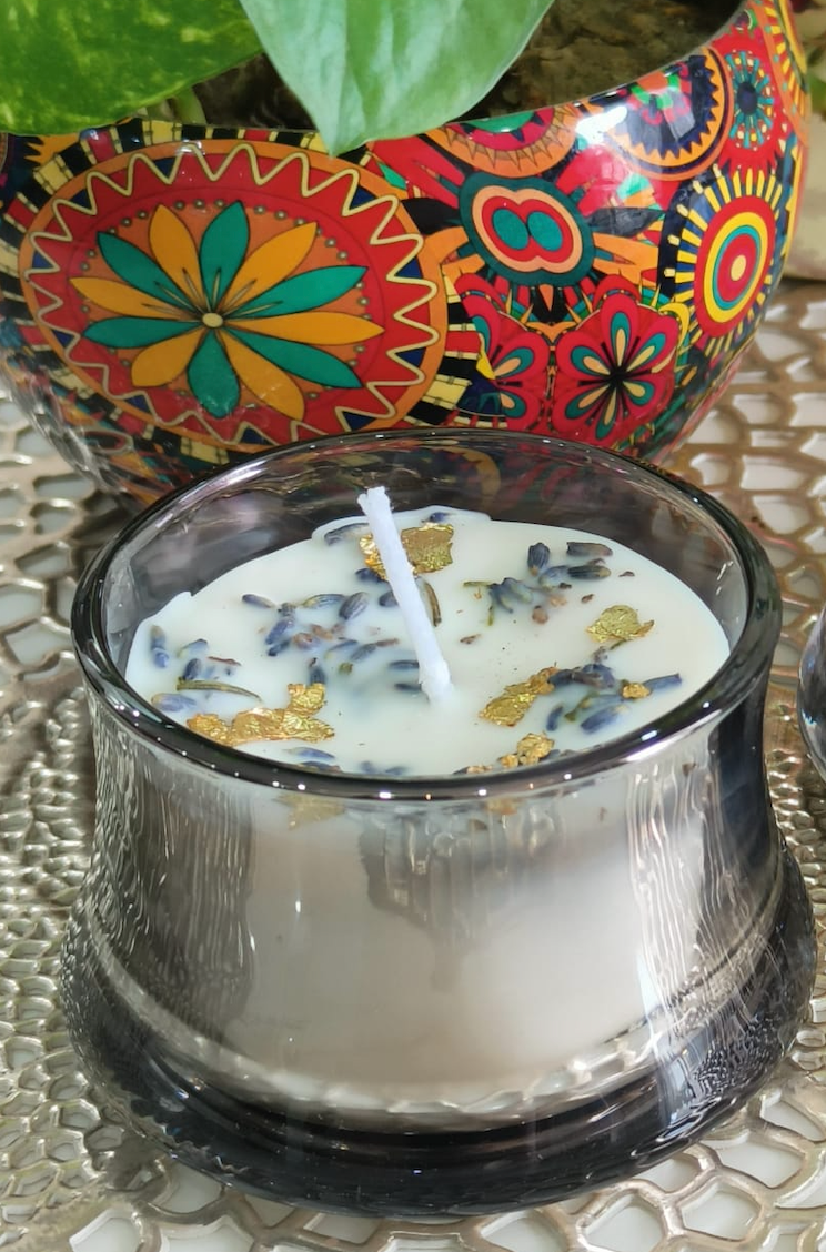 Glass Votive Candle – Lavender & Gold Foil