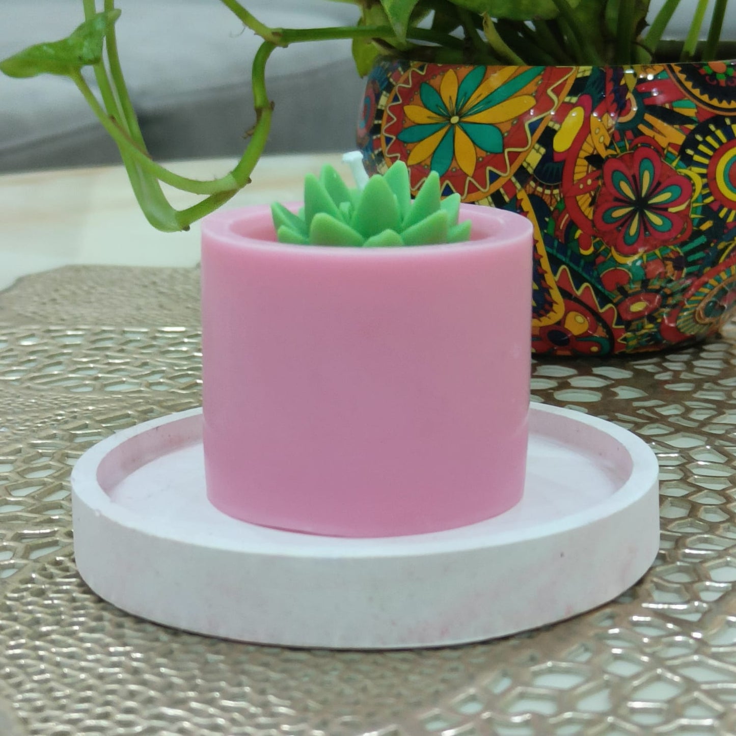 Pink Wax Succulent Candle – Handcrafted & Natural
